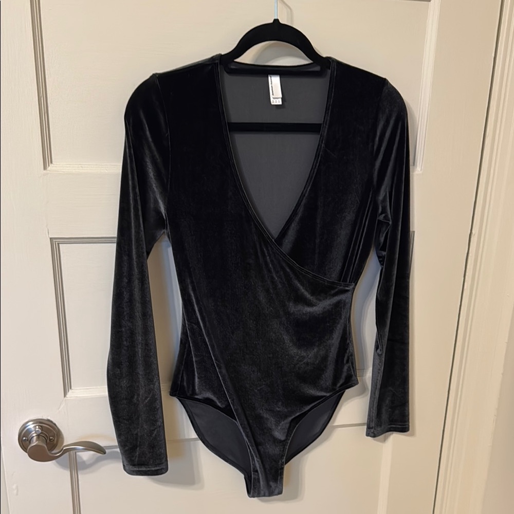 American Apparel Dark Grey Long Sleeve Velvet Wrap Bodysuit